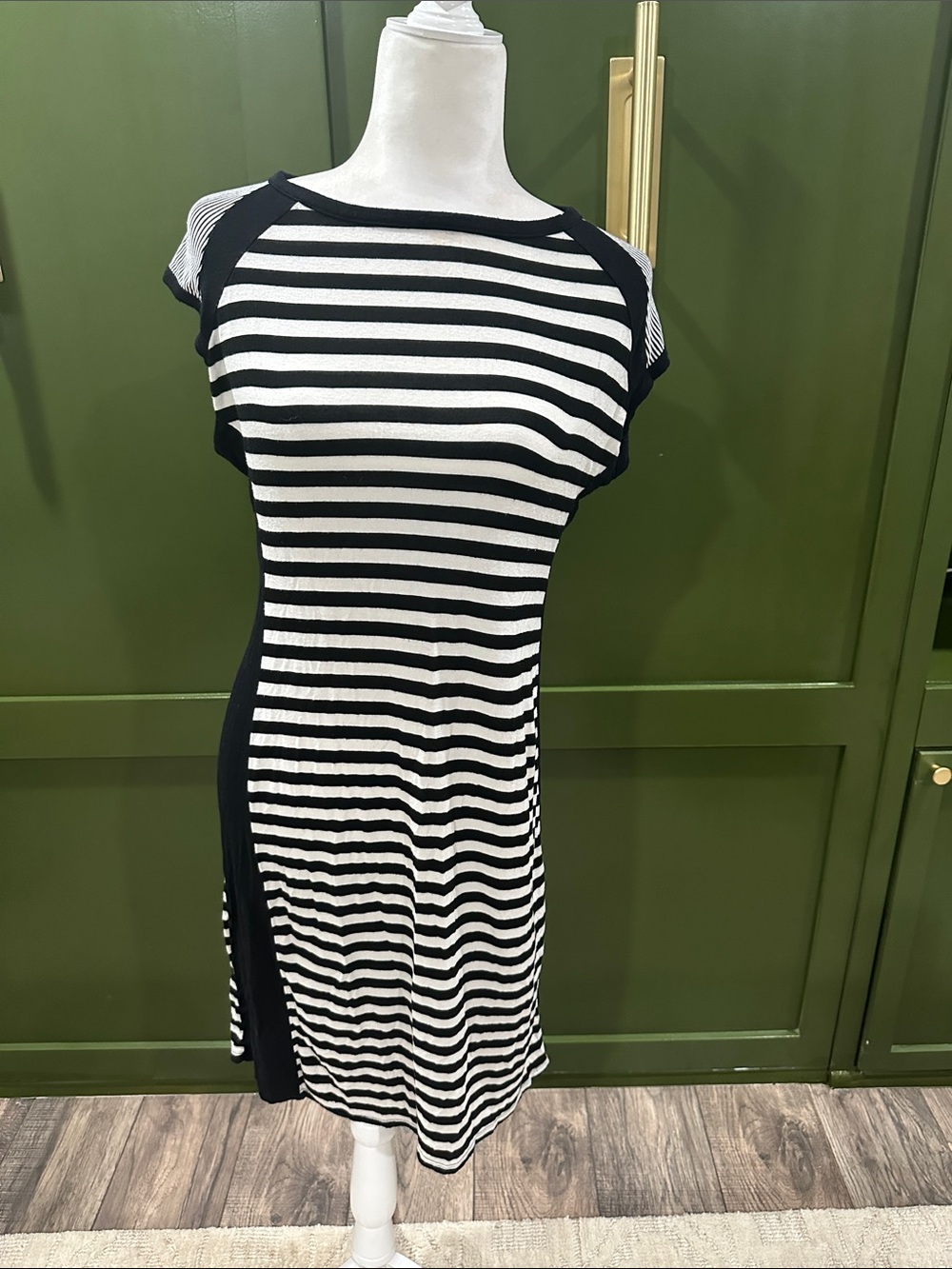 Striped Black and White Midi Dress - Women's Casual Knit